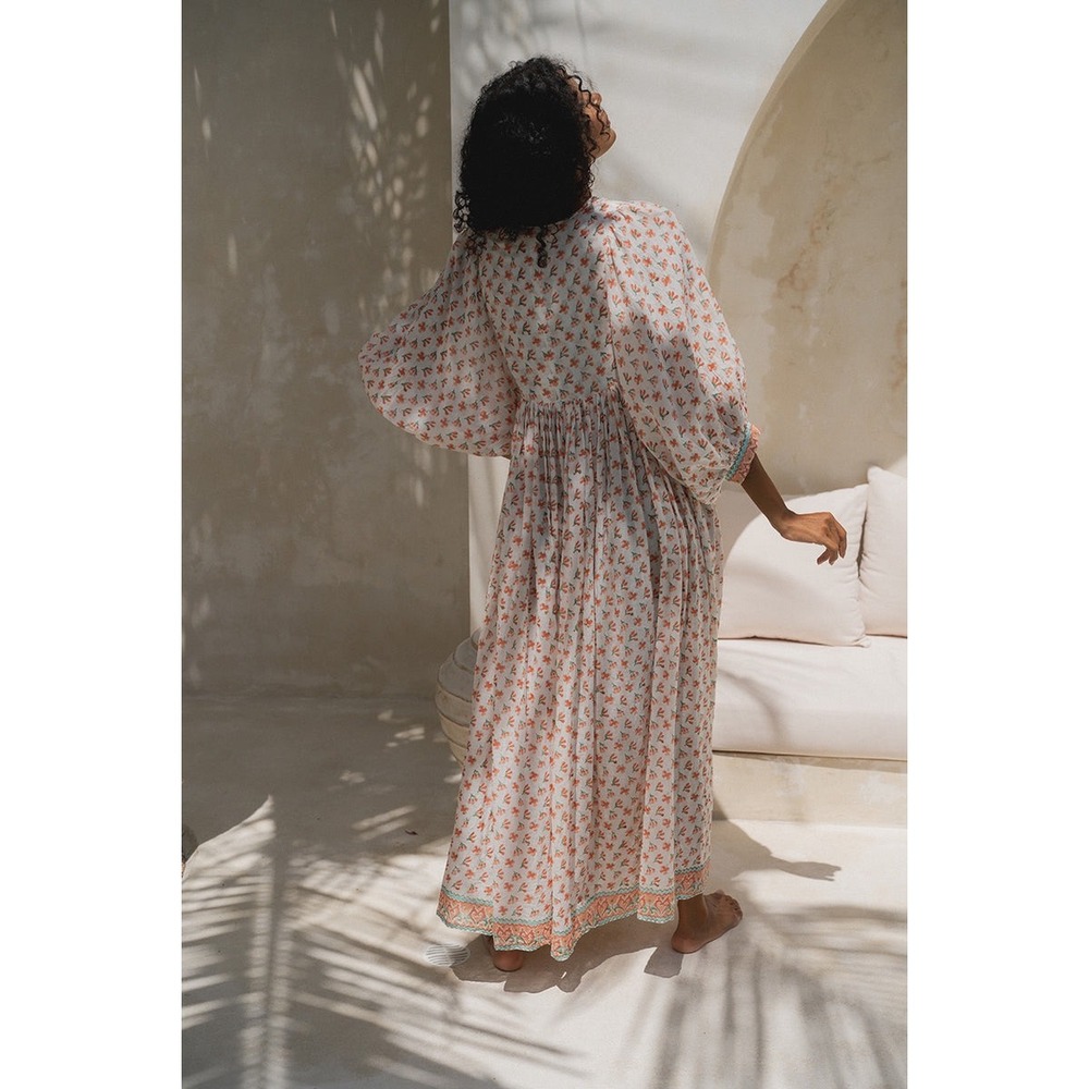 Daughters of India Kyra Midi Dress Apricot Floral Cotton Block Print 2XL XXL - Picture 3 of 8